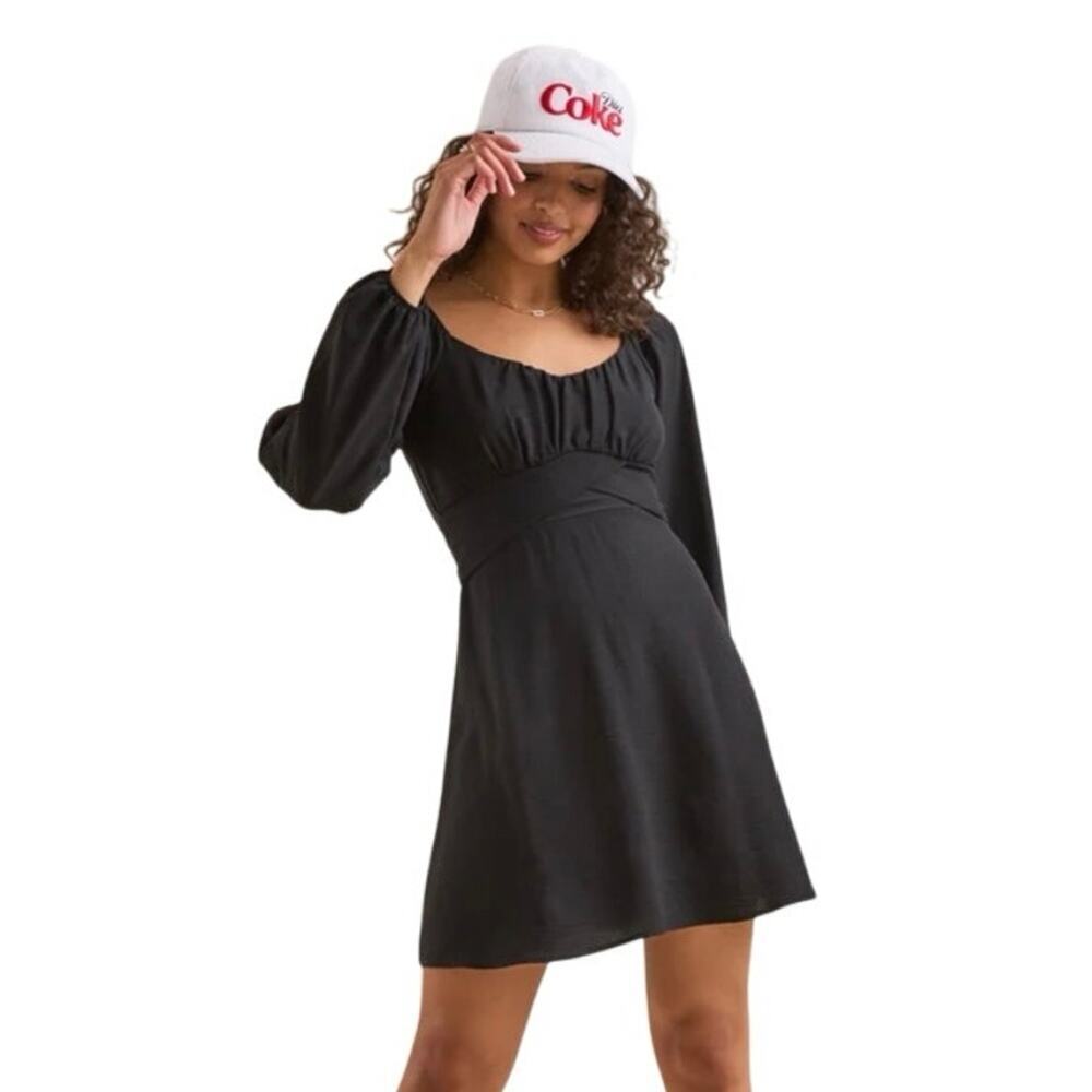 Altar’d State Lola Crossover Waist Back Tie‎ Mini Dress Large Black Puff Sleeve